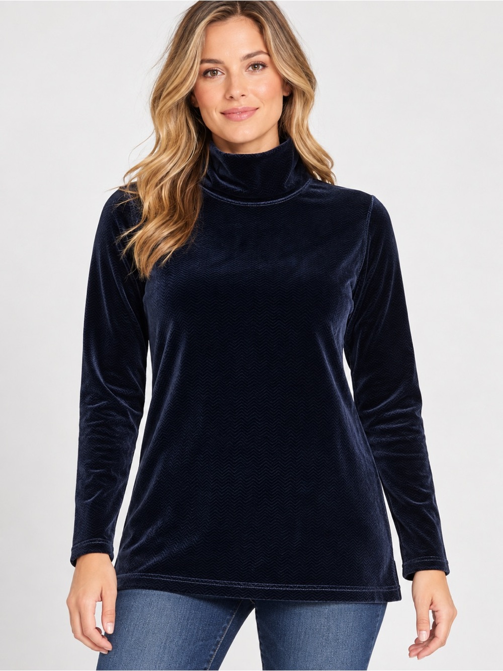 Jones New York Sport Women’s *M Navy Velour Chevron Turtleneck Stretch Top Cozy